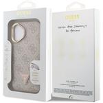 Guess PU 4G Strass Triangle Logo Stand Camera Frame MagSafe kryt pre iPhone 16, ružový