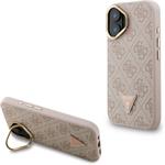 Guess PU 4G Strass Triangle Logo Stand Camera Frame MagSafe kryt pre iPhone 16, ružový