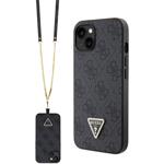 Guess PU 4G Strass Triangle Metal Logo kryt + crossbody popruh pre iPhone 15, čierny