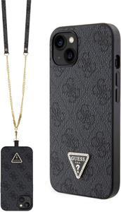 Guess PU 4G Strass Triangle Metal Logo kryt + crossbody popruh pre iPhone 15, čierny