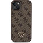 Guess PU 4G Strass Triangle Metal Logo kryt + Crossbody Popruh pre iPhone 15 Plus, hnedý