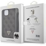 Guess PU 4G Strass Triangle Metal Logo kryt + Crossbody Popruh pre iPhone 15 Plus, hnedý