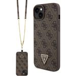 Guess PU 4G Strass Triangle Metal Logo kryt + Crossbody Popruh pre iPhone 15 Plus, hnedý