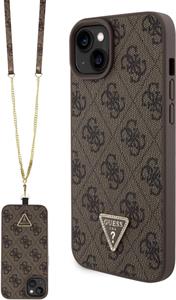 Guess PU 4G Strass Triangle Metal Logo kryt + Crossbody Popruh pre iPhone 15 Plus, hnedý