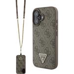 Guess PU 4G Strass Triangle Metal Logo kryt + Crossbody popruh pre iPhone 16, hnedý