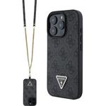 Guess PU 4G Strass Triangle Metal Logo kryt + Crossbody popruh pre iPhone 16 Pro, čierny