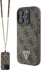 Guess PU 4G Strass Triangle Metal Logo kryt + Crossbody popruh pre iPhone 16 Pro, hnedý