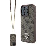 Guess PU 4G Strass Triangle Metal Logo kryt + Crossbody popruh pre iPhone 16 Pro Max, hnedý