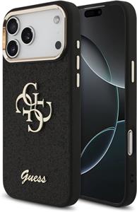 Guess PU Fixed Glitter 4G Metal Frame kryt pre iPhone 17 Pro Max, čierny