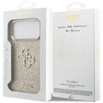 Guess PU Fixed Glitter 4G Metal Frame kryt pre iPhone 17 Pro Max, zlatý