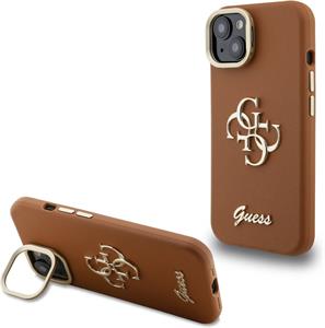 Guess PU Grained 4G Logo Stand Camera Frame kryt pre iPhone 14, hnedý