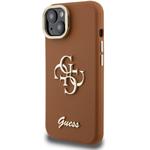 Guess PU Grained 4G Logo Stand Camera Frame kryt pre iPhone 15, hnedý