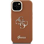 Guess PU Grained 4G Logo Stand Camera Frame kryt pre iPhone 15, hnedý