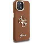 Guess PU Grained 4G Logo Stand Camera Frame kryt pre iPhone 15, hnedý