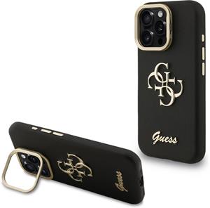 Guess PU Grained 4G Logo Stand Camera Frame kryt pre iPhone 15 Pro Max, čierny