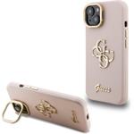 Guess PU Grained 4G Logo Stand Camera Frame kryt pre iPhone 15, ružový