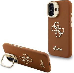 Guess PU Grained 4G Logo Stand Camera Frame kryt pre iPhone 16, hnedý