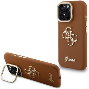 Guess PU Grained 4G Logo Stand Camera Frame kryt pre iPhone 16 Pro, hnedý