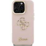 Guess PU Grained 4G Logo Stand Camera Frame kryt pre iPhone 16 Pro, ružový