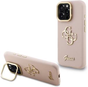 Guess PU Grained 4G Logo Stand Camera Frame kryt pre iPhone 16 Pro, ružový