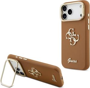 Guess PU Grained 4G Logo Stand Camera Frame kryt pre iPhone 17 Pro Max, hnedý