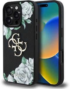 Guess PU Grained Roses 4G Metal Logo kryt pre iPhone 16 Pro, čierny