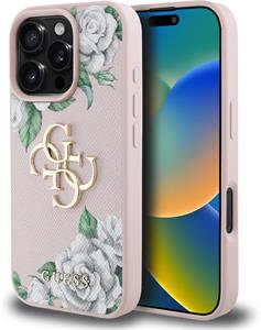 Guess PU Grained Roses 4G Metal Logo kryt pre iPhone 16 Pro, ružový