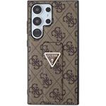 Guess PU Grip Stand 4G Strass Triangle Metal Logo kryt pre Samsung Galaxy S24 Ultra, hnedý