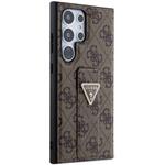 Guess PU Grip Stand 4G Strass Triangle Metal Logo kryt pre Samsung Galaxy S24 Ultra, hnedý