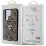 Guess PU Grip Stand 4G Strass Triangle Metal Logo kryt pre Samsung Galaxy S24 Ultra, hnedý