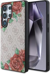 Guess PU Leather 4G Flowers Print Metal Classic Logo MagSafe kryt pre Samsung Galaxy S25 Ultra, ružový
