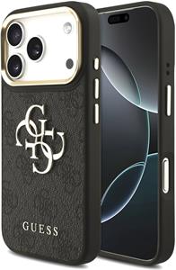 Guess PU Leather 4G Metal Logo Gold Frame kryt pre iPhone 17 Pro, čierny