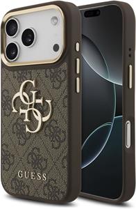 Guess PU Leather 4G Metal Logo Gold Frame kryt pre iPhone 18 Pro, hnedý