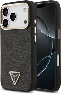 Guess PU Leather 4G Strass Triangle Logo Gold Frame MagSafe kryt pre iPhone 18 Pro, čierny