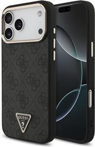 Guess PU Leather 4G Strass Triangle Logo Gold Frame MagSafe kryt pre iPhone 18 Pro Max, čierny