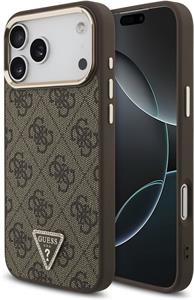 Guess PU Leather 4G Strass Triangle Logo Gold Frame MagSafe kryt pre iPhone 18 Pro Max, hnedý