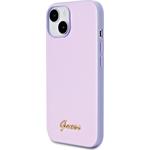 Guess PU Leather Iridescent Metal Script kryt pre iPhone 15, fialový