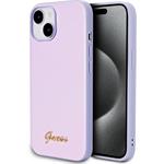 Guess PU Leather Iridescent Metal Script kryt pre iPhone 15, fialový