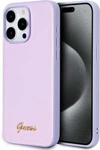 Guess PU Leather Iridescent Metal Script kryt pre iPhone 15 Pro Max, fialový