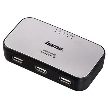 Hama USB 2.0 Hub 1:4 with LED, with power supply unit, silver/black