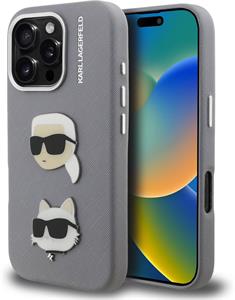 Karl Lagerfeld Grained PU K&CH Heads kryt pre iPhone 16 Pro Max, sivý