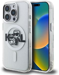 Karl Lagerfeld IML Glitter Karl and Choupette Sketch MagSafe kryt pre iPhone 15 Pro Max, transparentný