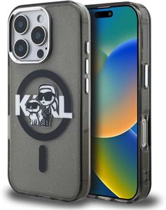 Karl Lagerfeld IML Glitter Karl and Choupette Sketch MagSafe kryt pre iPhone 16 Pro Max, čierny