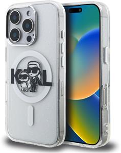 Karl Lagerfeld IML Glitter Karl and Choupette Sketch MagSafe kryt pre iPhone 16 Pro, transparentný