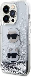 Karl Lagerfeld Liquid Glitter Karl a Choupette Head kryt pre iPhone 15 Pro, strieborný