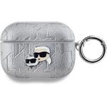 Karl Lagerfeld PU Embossed Karl and Choupette Heads puzdro pre AirPods Pro, strieborné