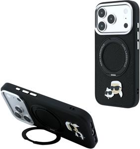 Karl Lagerfeld PU Grained K&CH Heads Ring Stand Magsafe kryt pre iPhone 18 Pro, čierny