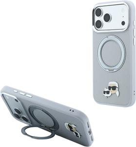 Karl Lagerfeld PU Grained K&CH Heads Ring Stand Magsafe kryt pre iPhone 18 Pro Max, sivý