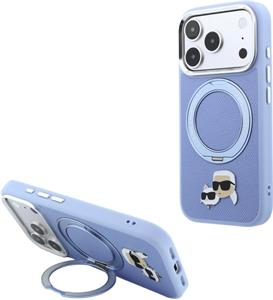 Karl Lagerfeld PU Grained K&CH Heads Ring Stand Magsafe kryt pre iPhone 18 Pro, modrý