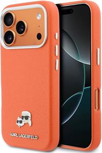 Karl Lagerfeld PU Karl and Choupette Heads Pins MagSafe kryt pre iPhone 17 Pro Max, oranžový